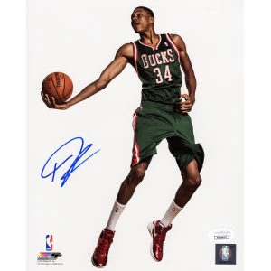Giannis Antetokounmpo Signed Milwaukee Bucks Green Jersey Holding Basketball Pose 8x10 Photo - (JSA)