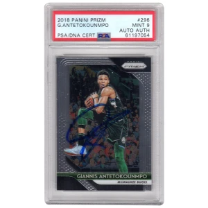 Giannis Antetokounmpo Signed Milwaukee Bucks 2018 Panini Prizm Basketball Card #296 - (PSA / Auto Grade 9)