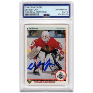 Ed Belfour Signed Chicago Blackhawks 1990-91 Upper Deck Hockey Rookie Card #55 - (PSA Encapsulated)