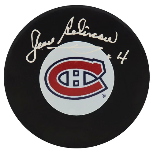 Jean Beliveau Signed Montreal Canadiens Team Logo Hockey Puck - (BECKETT COA)
