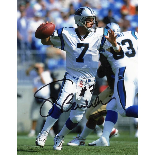 Steve Beuerlein Signed Carolina Panthers White Jersey Action 8x10 Photo