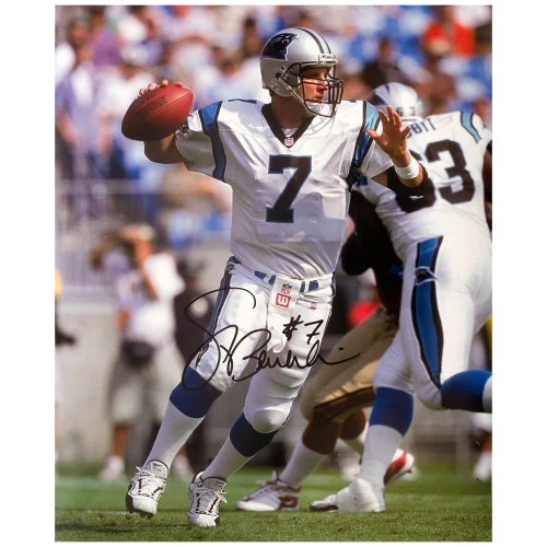 Steve Beuerlein Signed Carolina Panthers White Jersey Action 16x20 Photo
