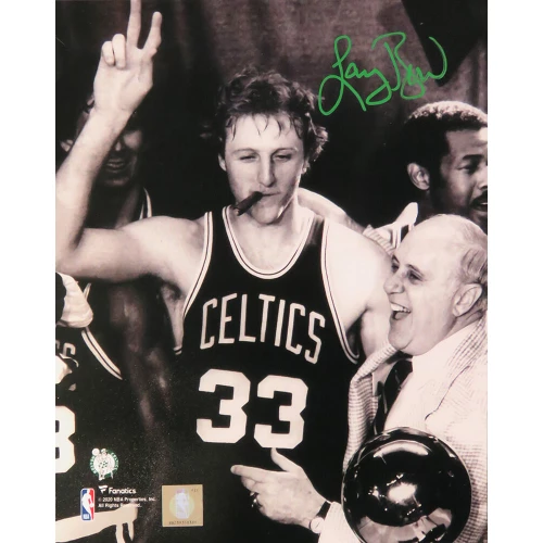 Larry Bird Signed Boston Celtics Cigar Celebration With Red Auerbach B&W 8x10 Photo