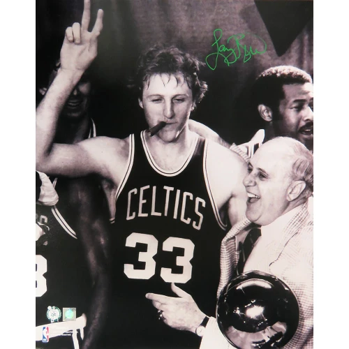 Larry Bird Signed Boston Celtics Cigar Celebration With Red Auerbach B&W 16x20 Photo