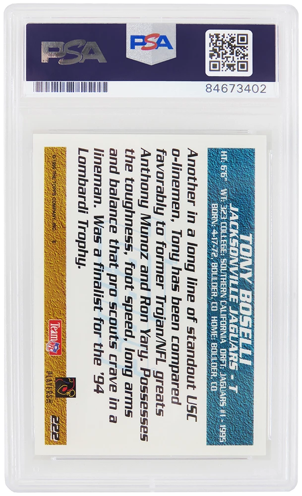 Tony Boselli Signed Jacksonville Jaguars 1995 Topps Football Rookie Card #222 - (PSA/DNA Encapsulated) - Image 2