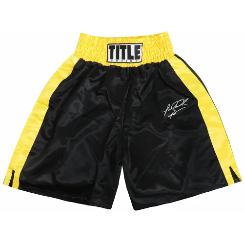 Riddick Bowe Signed Title Black & Gold Trim Boxing Trunks
