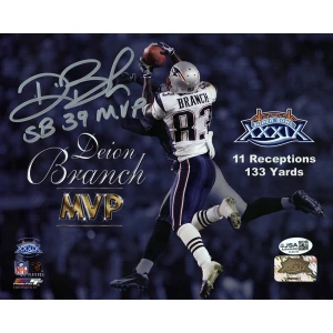 Deion Branch Signed New England Patriots Super Bowl 39 MVP 8x10 Photo w/SB 39 MVP - (JSA)