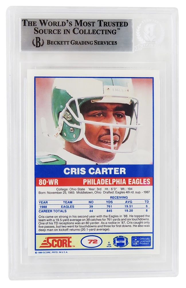 Cris Carter Signed Philadelphia Eagles 1989 Score Football Rookie Card #72 (Beckett Encapsulated) - Image 2