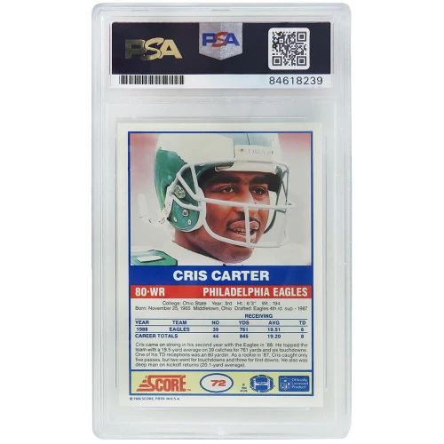 Cris Carter Signed Philadelphia Eagles 1989 Score Football Rookie Card #73 (PSA Encapsulated - Auto Grade 10) - Image 2