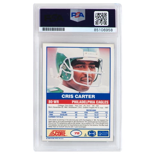 Cris Carter Signed 1989 Score Football Rookie Card #72 w/All I Do Is Catch TD's - (PSA Encapsulated) - Image 2