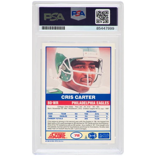 Cris Carter Signed Eagles 1989 Score Football Rookie Trading Card #73 (PSA Encapsulated) - Image 2