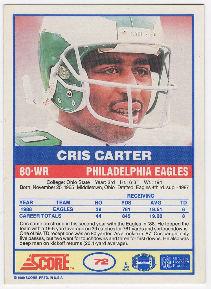 Cris Carter Signed 1989 Score Football Rookie Card #72 w/All I Do Is Catch TD's - Image 2