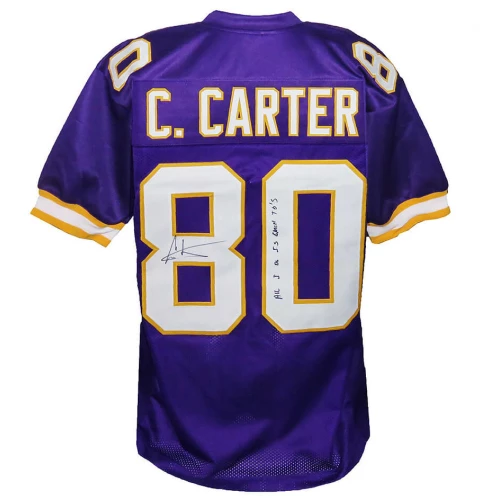 Cris Carter Signed Purple Custom Football Jersey w/All I Do Is Catch TD's