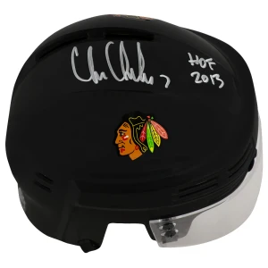 Chris Chelios Signed Blackhawks Black Hockey Mini Helmet w/HOF 2013
