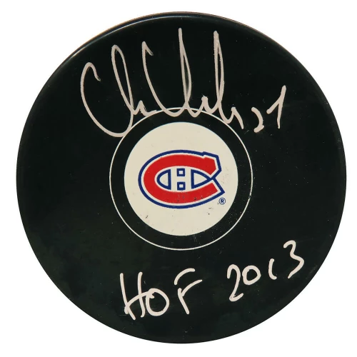 Chris Chelios Signed Montreal Canadiens Logo Hockey Puck w/HOF 2013