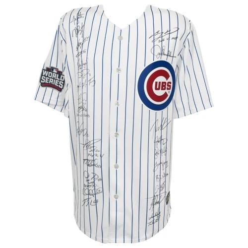 2016 Chicago Cubs Team Signed Cubs Joe Maddon 2016 WS Patch White Pinstripe Majestic Jersey w/WS MVP (26 Sigs)