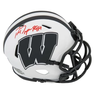 Ron Dayne Signed Wisconsin Badgers Lunar Eclipse White Matte Riddell Speed Mini Helmet w/99H - (In Red)