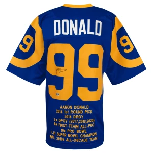 Aaron Donald Signed Blue Throwback Custom Embroidered Stat Football Jersey - (Beckett)