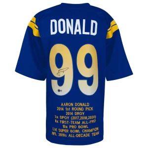 Aaron Donald Signed Blue Custom Embroidered Stat Football Jersey - (Beckett)