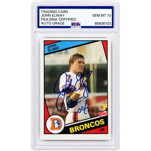 John Elway Signed Denver Broncos 1984 Topps Rookie Football Card #63 w/HOF'04 - (PSA Encapsulated - Auto Grade 10)