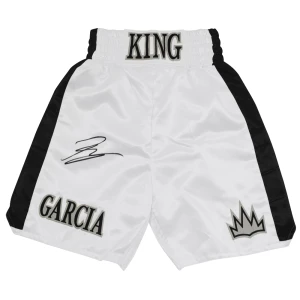 Ryan Garcia Signed King Ryan White With Black Trim Custom Boxing Trunks - (Beckett)