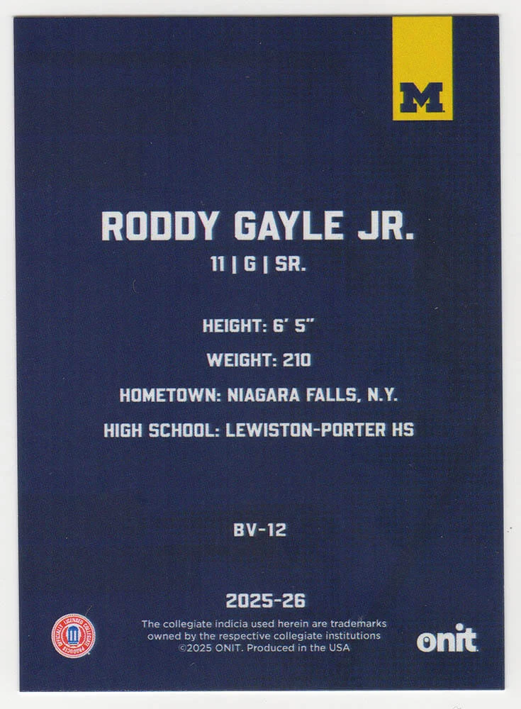 Roddy Gayle Jr. Signed Michigan Wolverines 2025 Onit Basketball Trading Card #BV-12 - Image 2