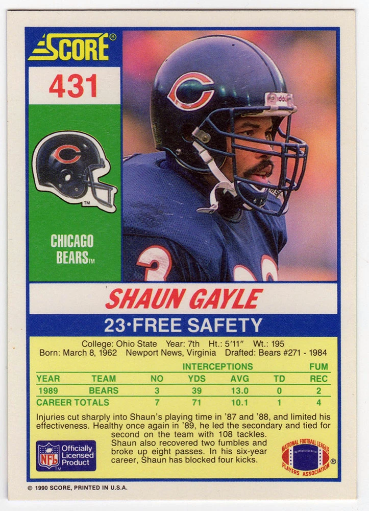 Shaun Gayle Signed Chicago Bears 1990 Score Rookie Football Trading Card #431 - Image 2