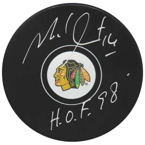 Michel Goulet Signed Chicago Blackhawks Logo Hockey Puck w/HOF'98