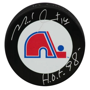 Michel Goulet Signed Quebec Nordiques Team Large Logo Hockey Puck w/HOF'98