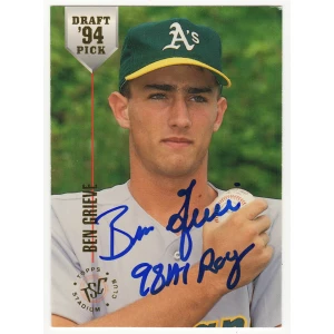 Ben Grieve Signed Oakland A's 1994 Stadium Club Draft Picks Rookie Baseball Card #84 w/98 AL ROY