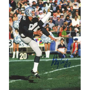 Ray Guy Signed Raiders Black Jersey Punting Action 8x10 Photo