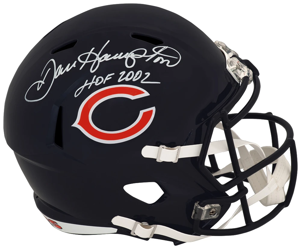 Dan Hampton Signed Bears Riddell Full Size Speed Replica Helmet w/HOF 2002 - (White Ink)