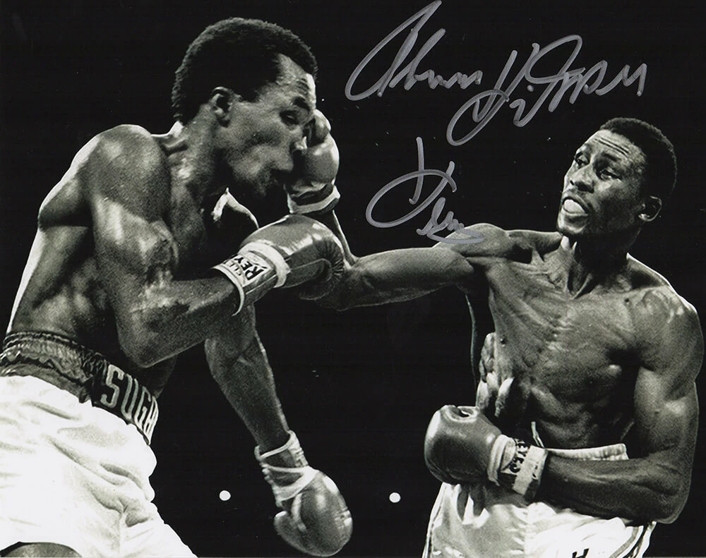 Thomas Hearns Signed Boxing Punching Sugar Ray Leonard B&W 8x10 Photo w/Hitman