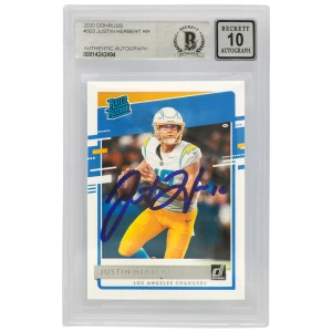 Justin Herbert Signed Chargers 2020 Donruss Rated Rookie Football Card #303 - (Beckett / Auto Grade 10)