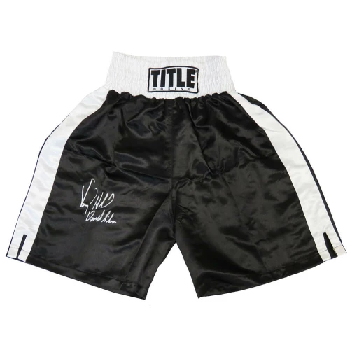 Virgil Hill Signed Title Black With White Trim Boxing Trunks w/Quicksilver