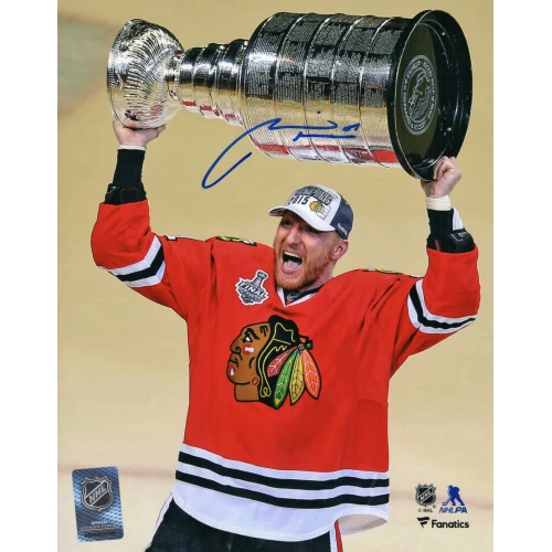 Marian Hossa Signed Blackhawks 2015 Stanley Cup Holding Trophy 8x10 Photo