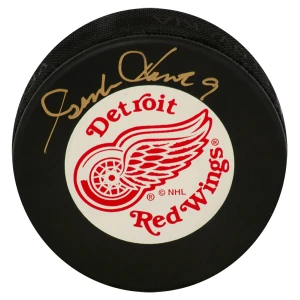 Gordie Howe Signed Red Wings Large Logo With White Background Hockey Puck - (JSA COA)