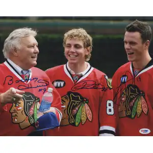 Bobby Hull, Patrick Kane, & Jonathan Toews Triple Signed Blackhawks Parade Celebration 11x14 Photo