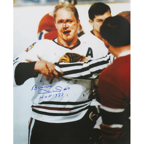 Bobby Hull Signed Chicago Blackhawks Blood On Face 16x20 Photo w/HOF 1983