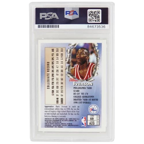 Allen Iverson Signed Philadelphia 76ers 1996 Topps Finest Rookie Basketball Card #60 (PSA Encapsulated - Auto Grade 10) - Image 2