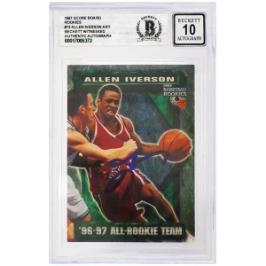 Allen Iverson Signed Philadelphia 76ers 1997 Score Board Rookie Basketball Card #73 (Beckett - Auto Grade 10)