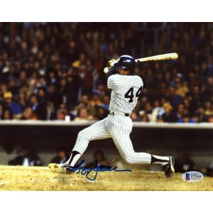 Reggie Jackson Signed NY Yankees White Jersey Swinging Action 8x10 Photo - (Beckett)