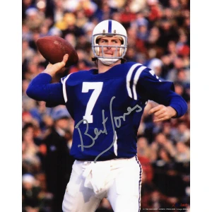 Bert Jones Signed Colts Blue Jersey Passing Action 8×10 Photo