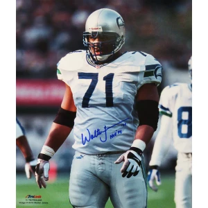 Walter Jones Signed Seattle Seahawks White Jersey Action 16x20 Photo w/HOF'14