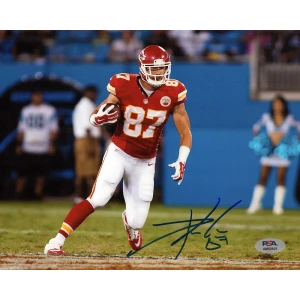 Travis Kelce Signed Chiefs Red Jersey With Football 8x10 Photo - (PSA)
