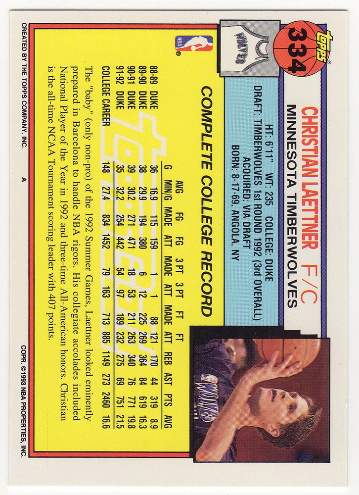 Christian Laettner Signed Minnesota Timberwolves 1992-93 Topps GOLD Rookie Basketball Card #334 - Image 2