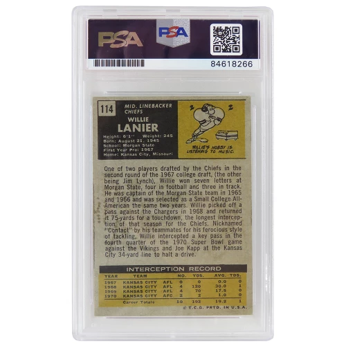 Willie Lanier Signed Kansas City Chiefs 1971 Topps Football Rookie Card #114 w/HOF'86 (PSA Encapsulated - Auto Grade 10) - Image 2