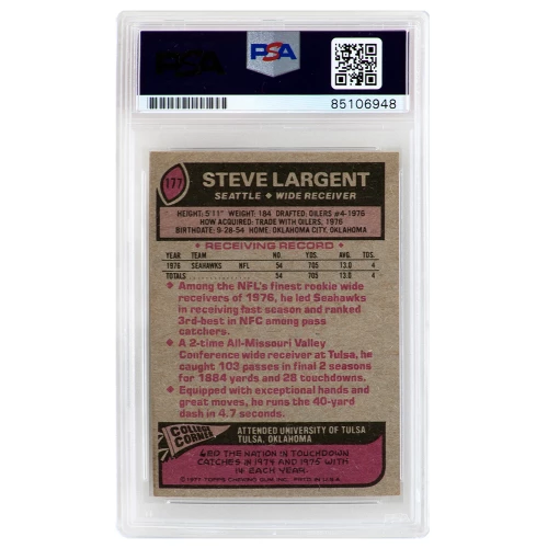 Steve Largent Signed Seattle Seahawks 1977 Topps Rookie Football Card #177 w/HOF'95 - (PSA Encapsulated) - Image 2
