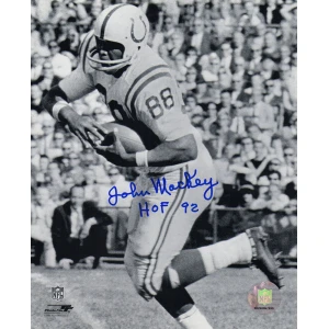 John Mackey Signed Colts B&W With Football 8x10 Photo w/HOF'92