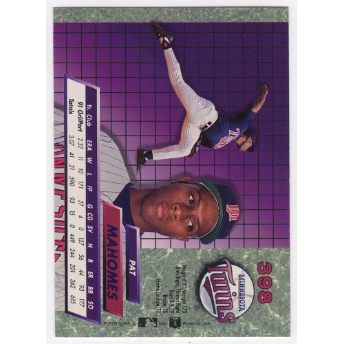 Pat (Patrick) Mahomes Sr. Signed Minnesota Twins 1992 Fleer Ultra Rookie Baseball Card #398 - Image 2